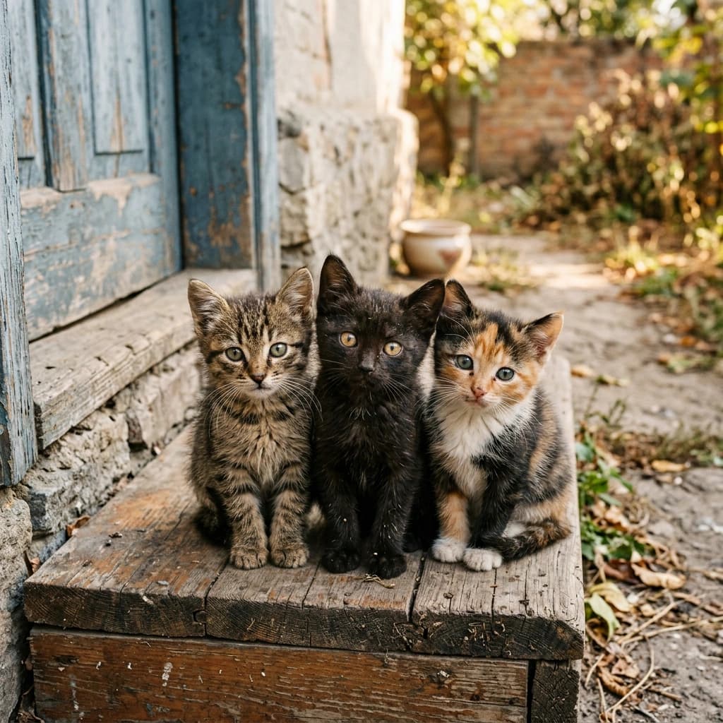 Бездомные котята прячутся от дождя